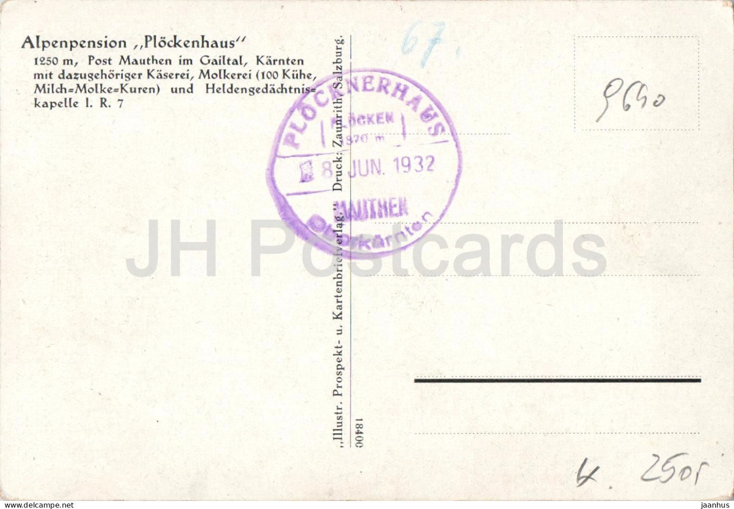 Alpenpension Plockenhaus - Mountain lodge - landscape - illustration - old postcard - 1932 - Austria - unused