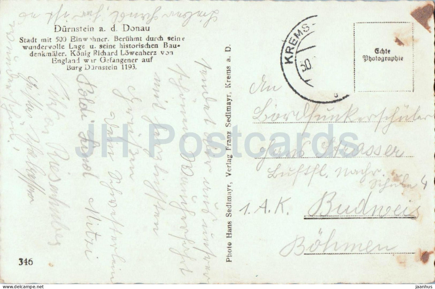 Durnstein a. d. Donau - Danube river - ship - No. 346 - old postcard - 1930s - Austria - used