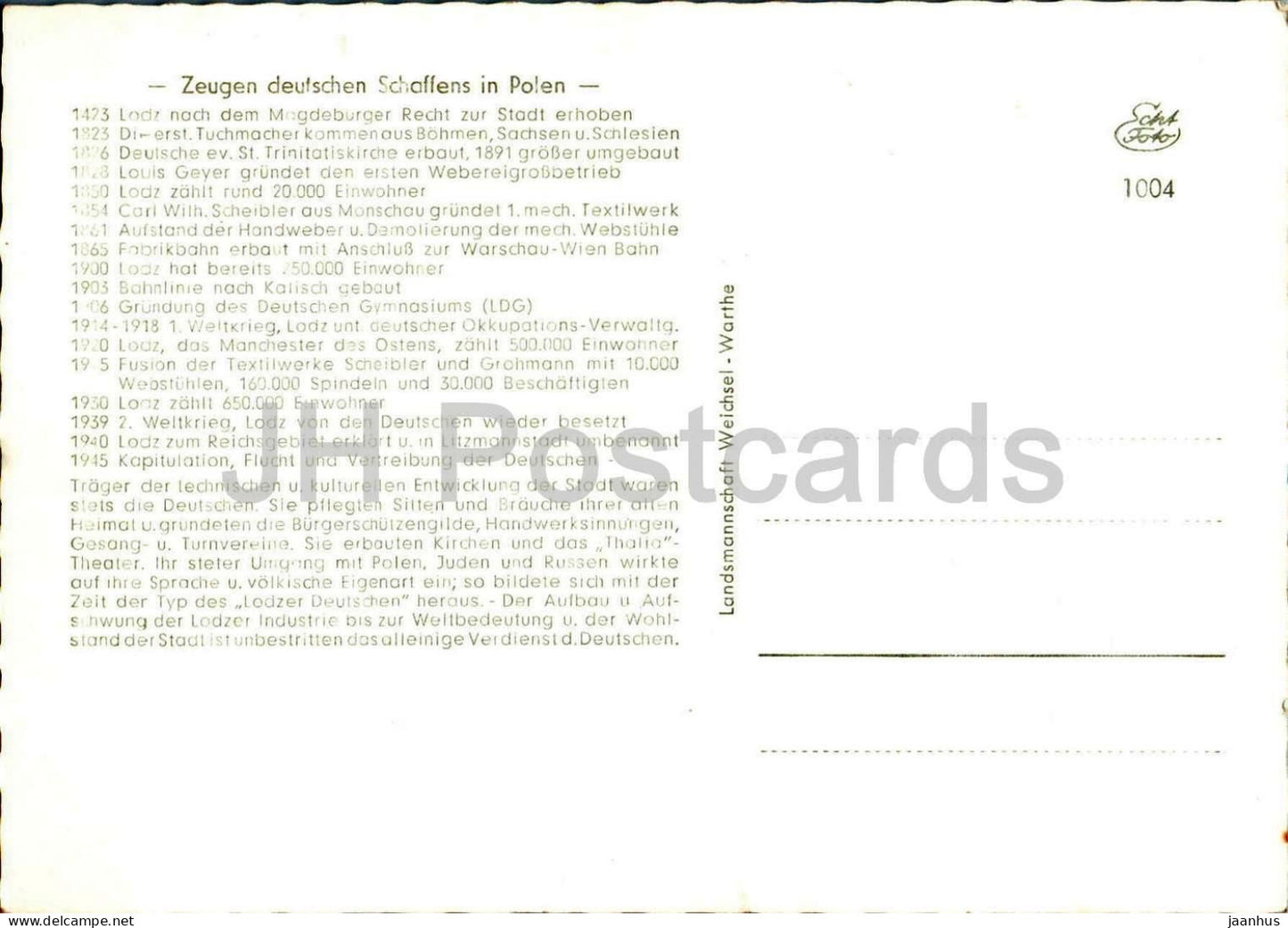 Lodz - Landsmannschaft Weichsel Warthe - historical map - 1004 - old postcard - Poland - unused