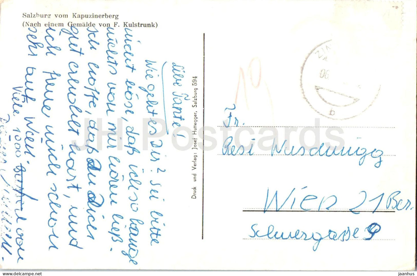 Salzburg vom Kapuzinerberg - illustration by F. Kulstrunk - Panorama - mountains - town view - Austria - used