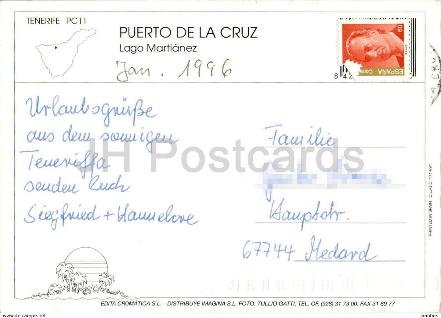 Puerto de la Cruz Tenerife - Lago Martianez - palm - garden - seaside resort - PC11 - 1996 - Spain - used