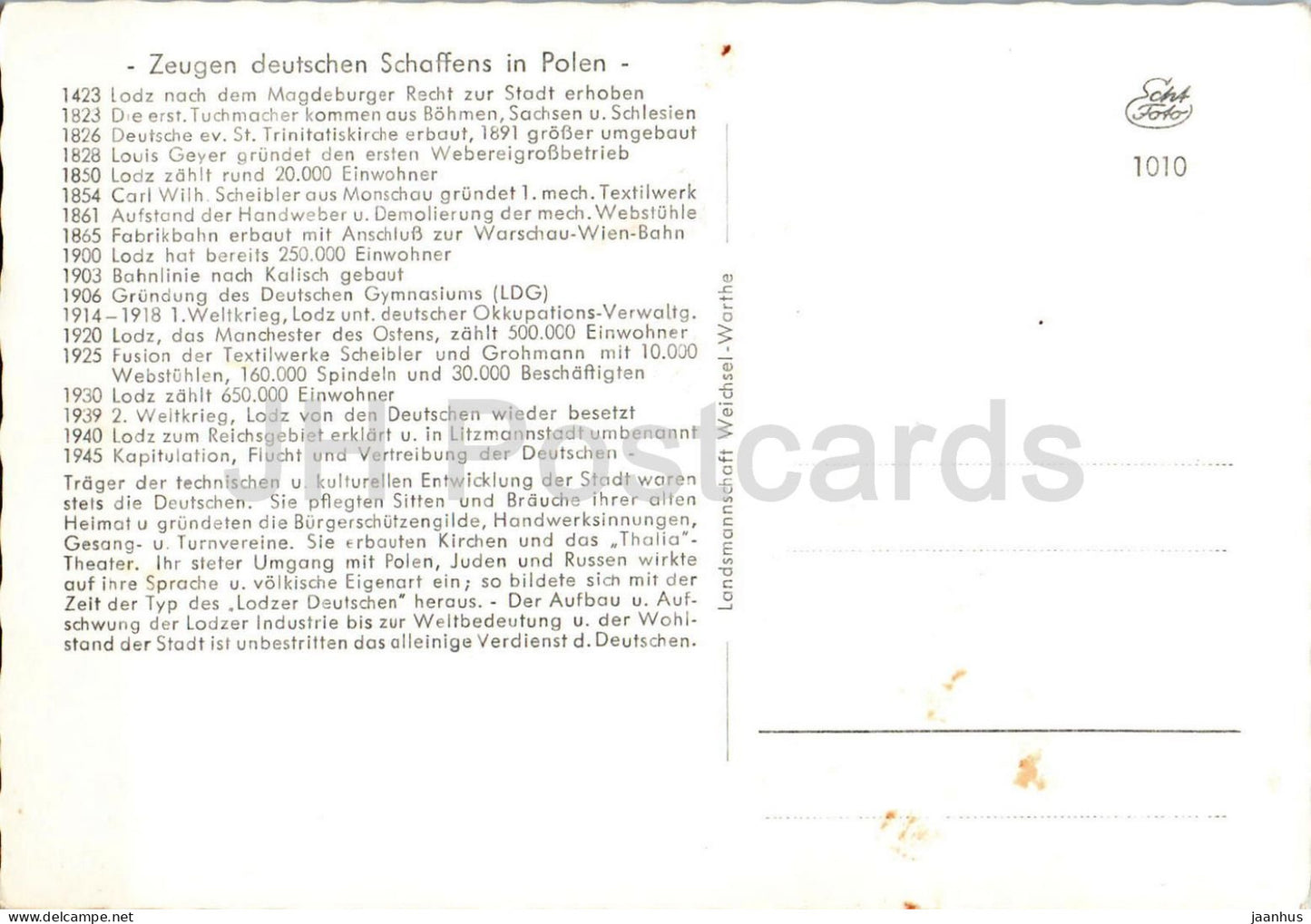 Lodz - Landsmannschaft Weichsel Warthe - historical map - 1010 - old postcard - Poland - unused