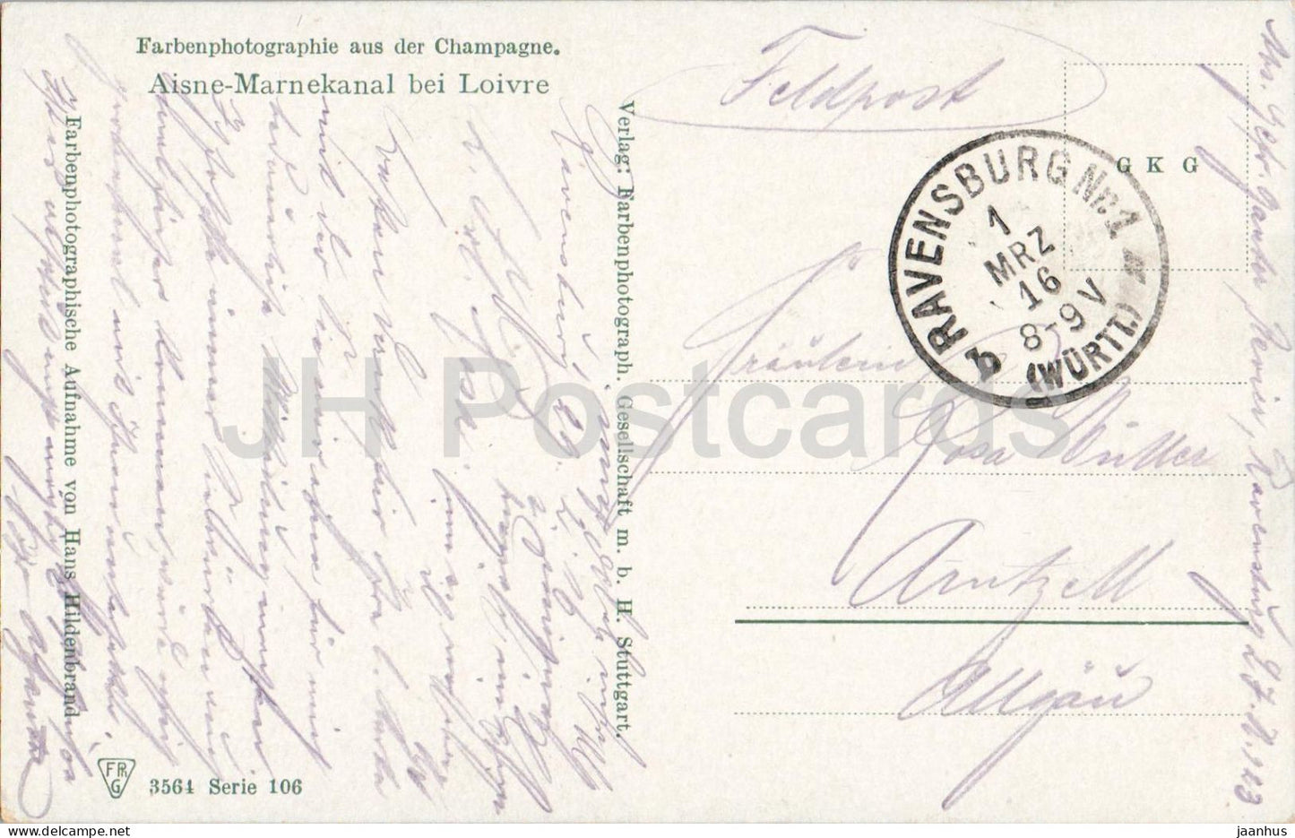 Aisne Marnekanal bei Loivre – Kanal – Boot – Erster Weltkrieg – Feldpost – Militärpost – alte Postkarte – 1916 – Frankreich – gebraucht