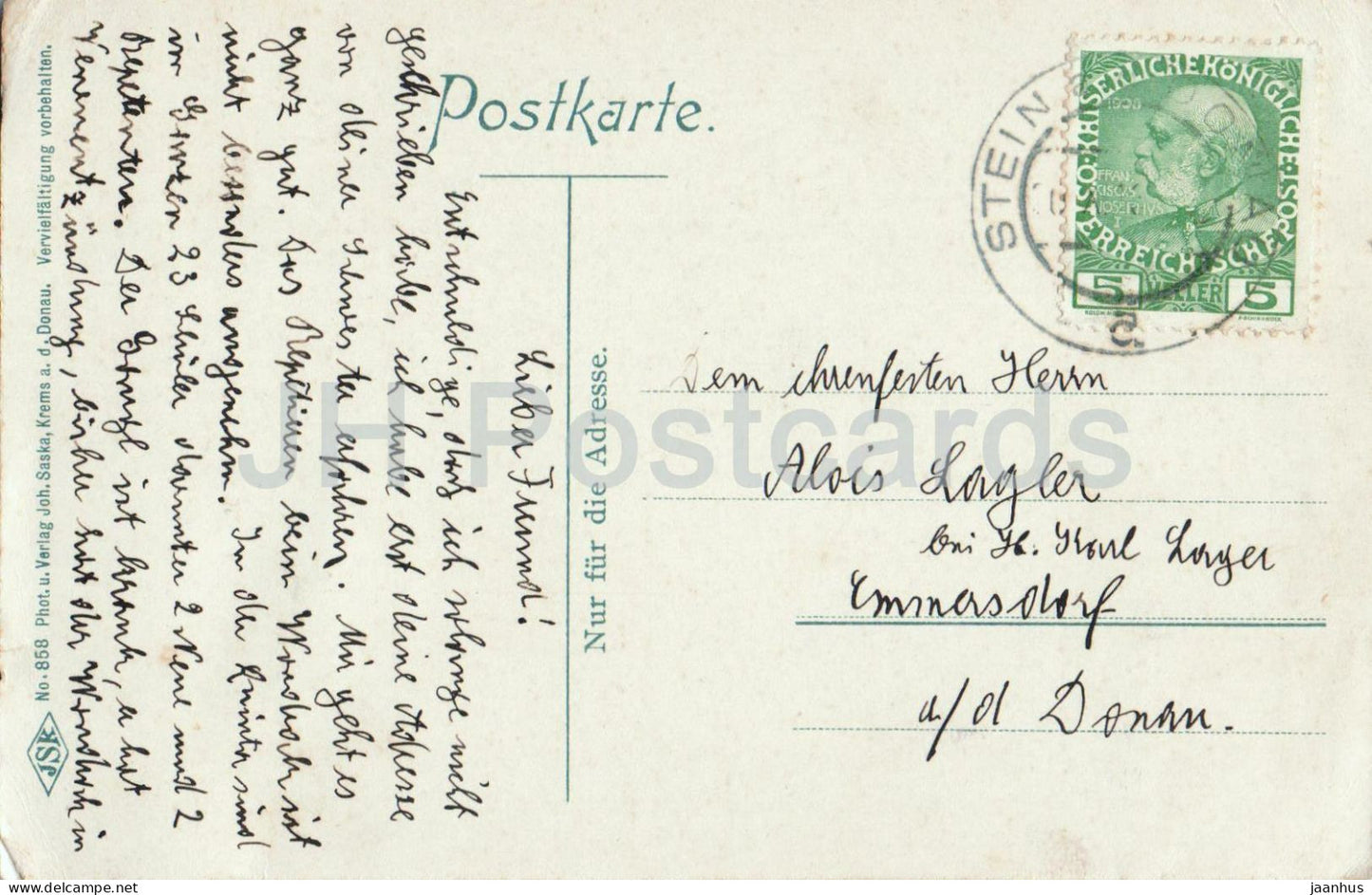 Gruss aus Stein a. d. Donau - River town panorama - No. 858 - old postcard - Austria - used