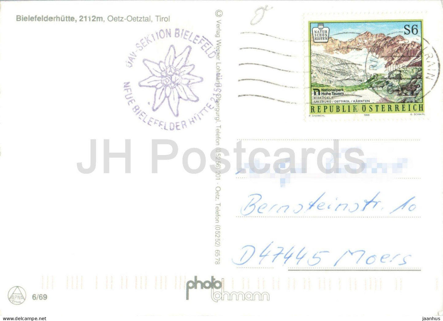 Bielefelderhütte 2112 m - Oetz Ötztal - Tirol - Alpengasthof - Berghütte - Alpen - 6/69 - 1996 - Österreich - gebraucht
