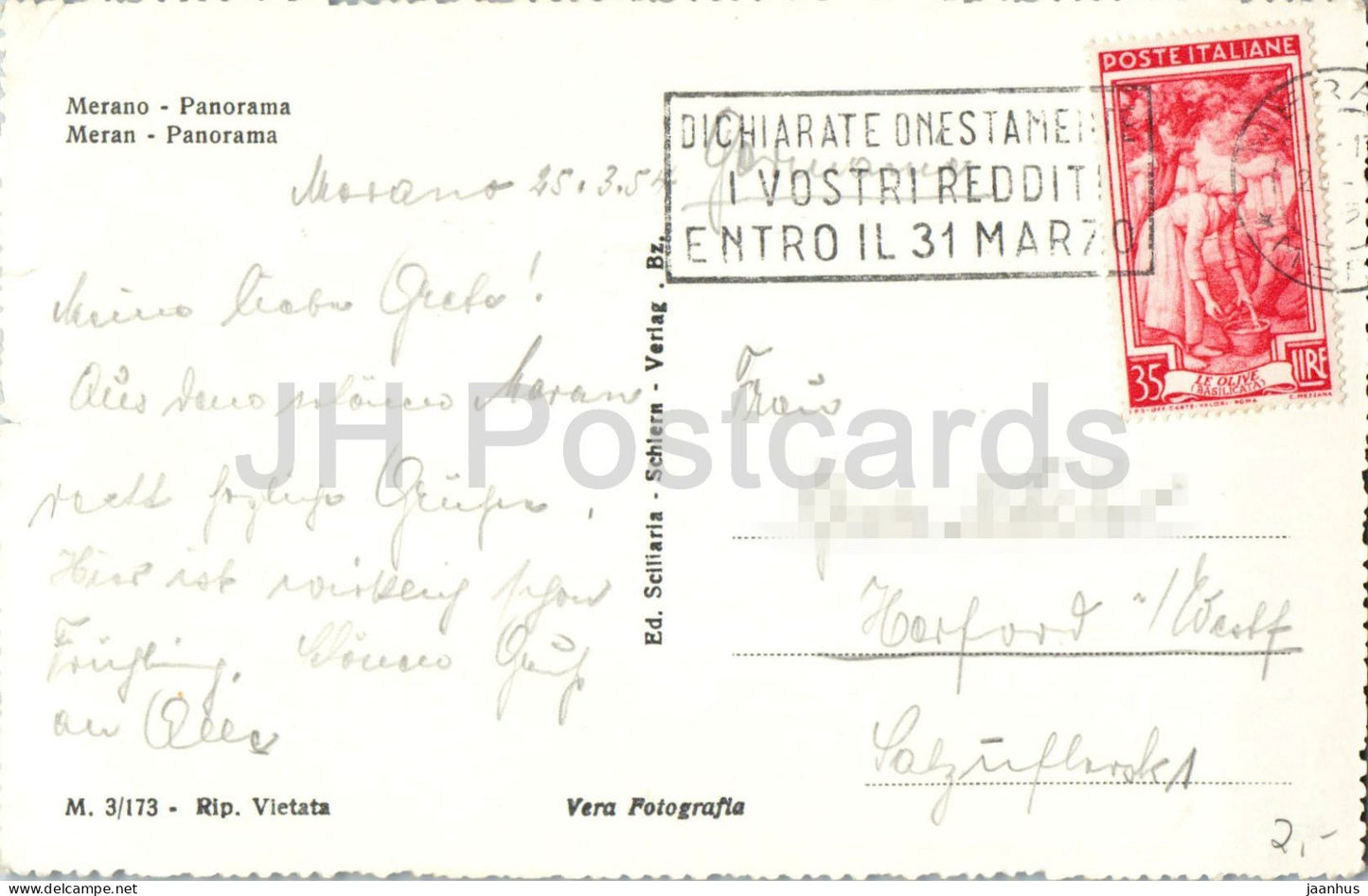 Merano - Meran - alpine town - panorama - Alps - mountains - 3/173 - old postcard - 1954 - Italy - used