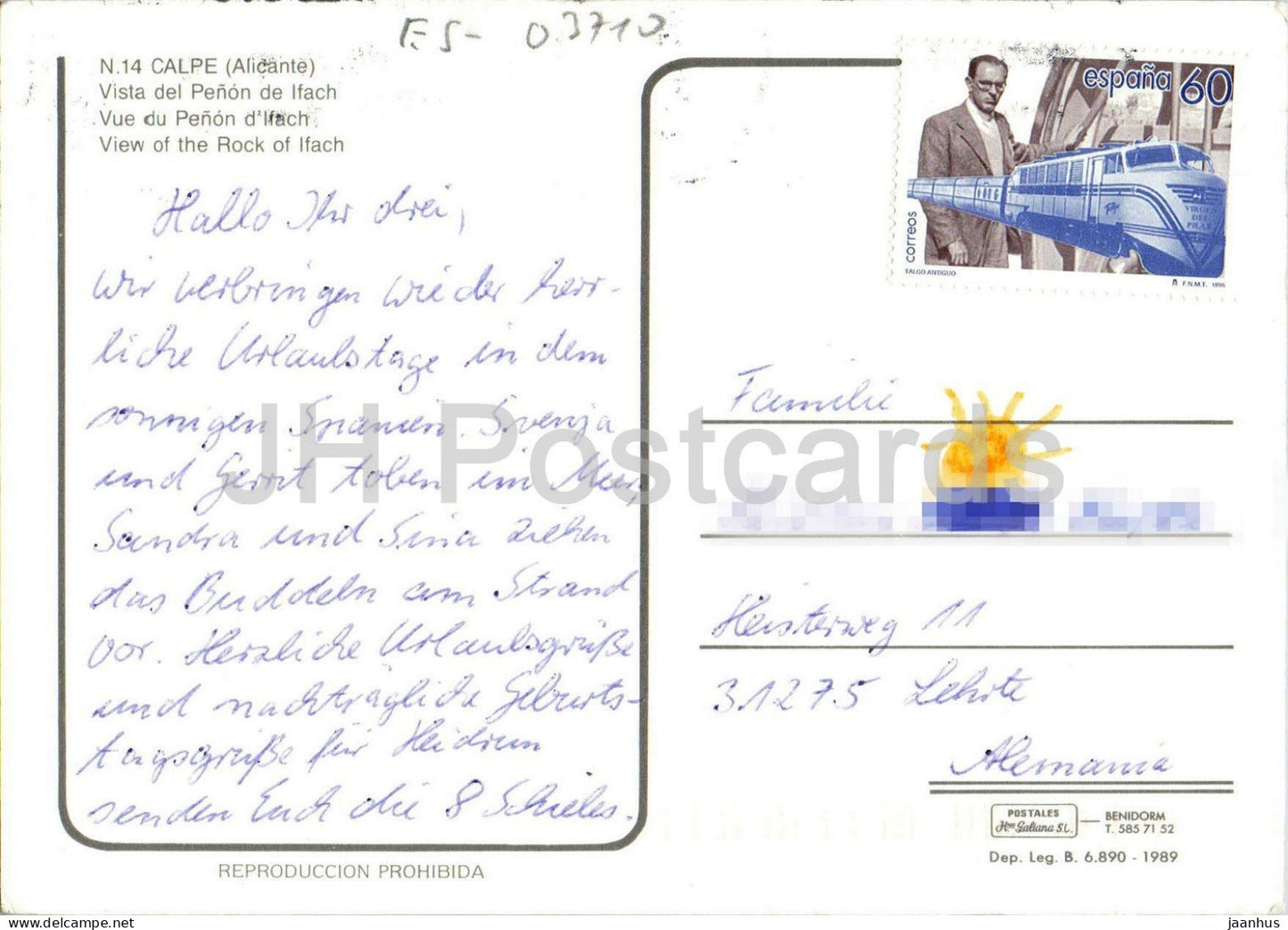 Calpe - Alicante - Vista del Penon de Ifach - rock - palm tree - sea - 14 - 1995 - Spain - used