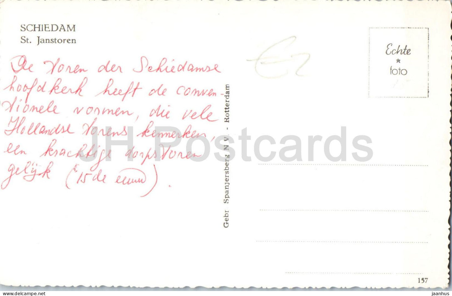 Schiedam St. Janstoren - St. Johns tower - church tower - car - 157 - old postcard - Netherlands - unused - JH Postcards