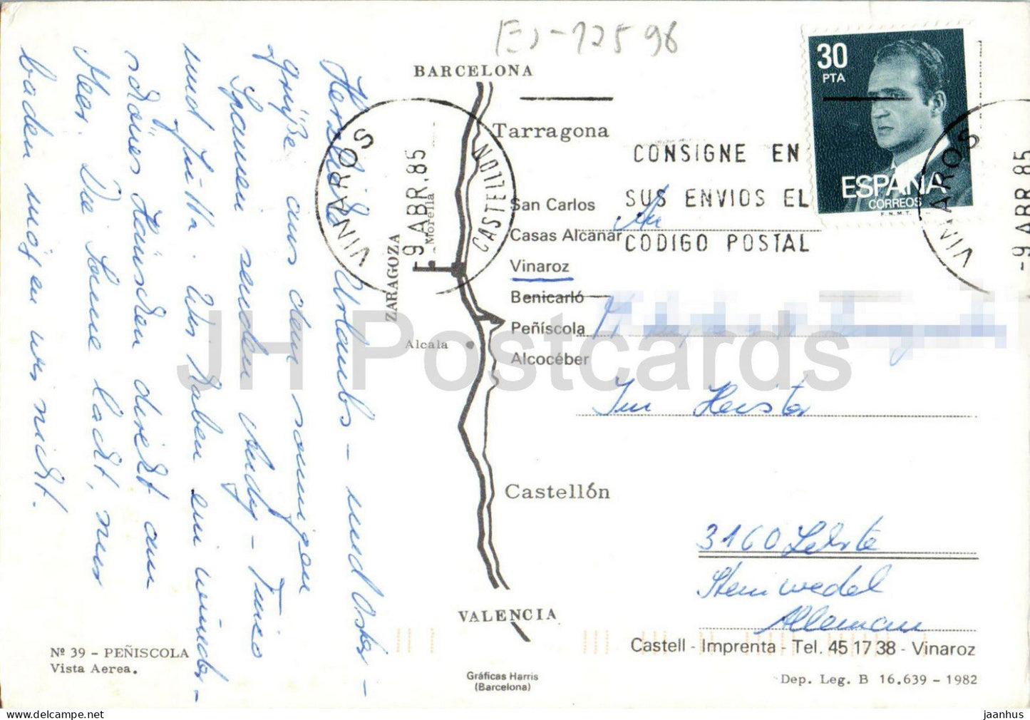 Peniscola Vista Aerea - aerial view - peninsula - coastal town - 39 - 1985 - Spain - used