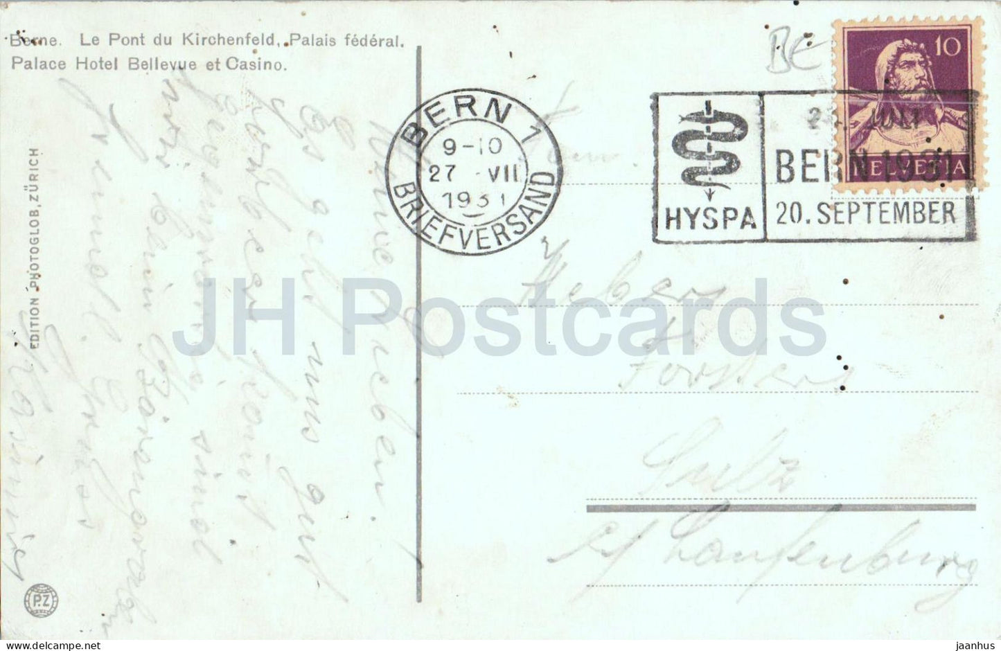 Berne - Kirchenfeldbrucke - Bundespalast - Palace Hotel Bellevue und Kasino - carte postale ancienne - 1931 - Suisse - utilisé