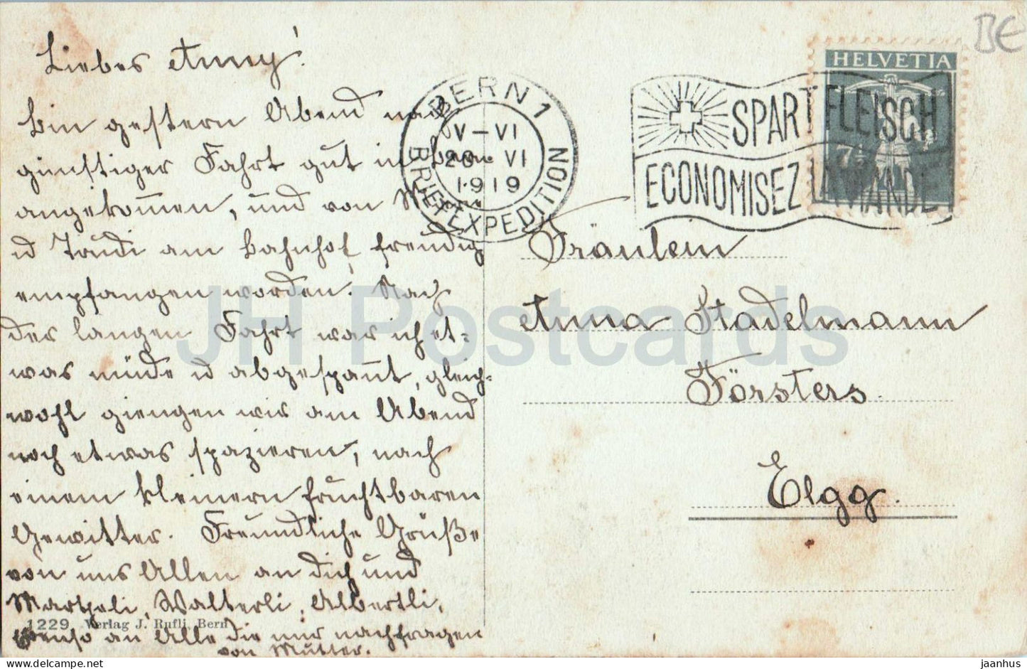 Bern - Schonaubrucke - bridge - river - 1229 - old postcard - 1919 - Switzerland - used