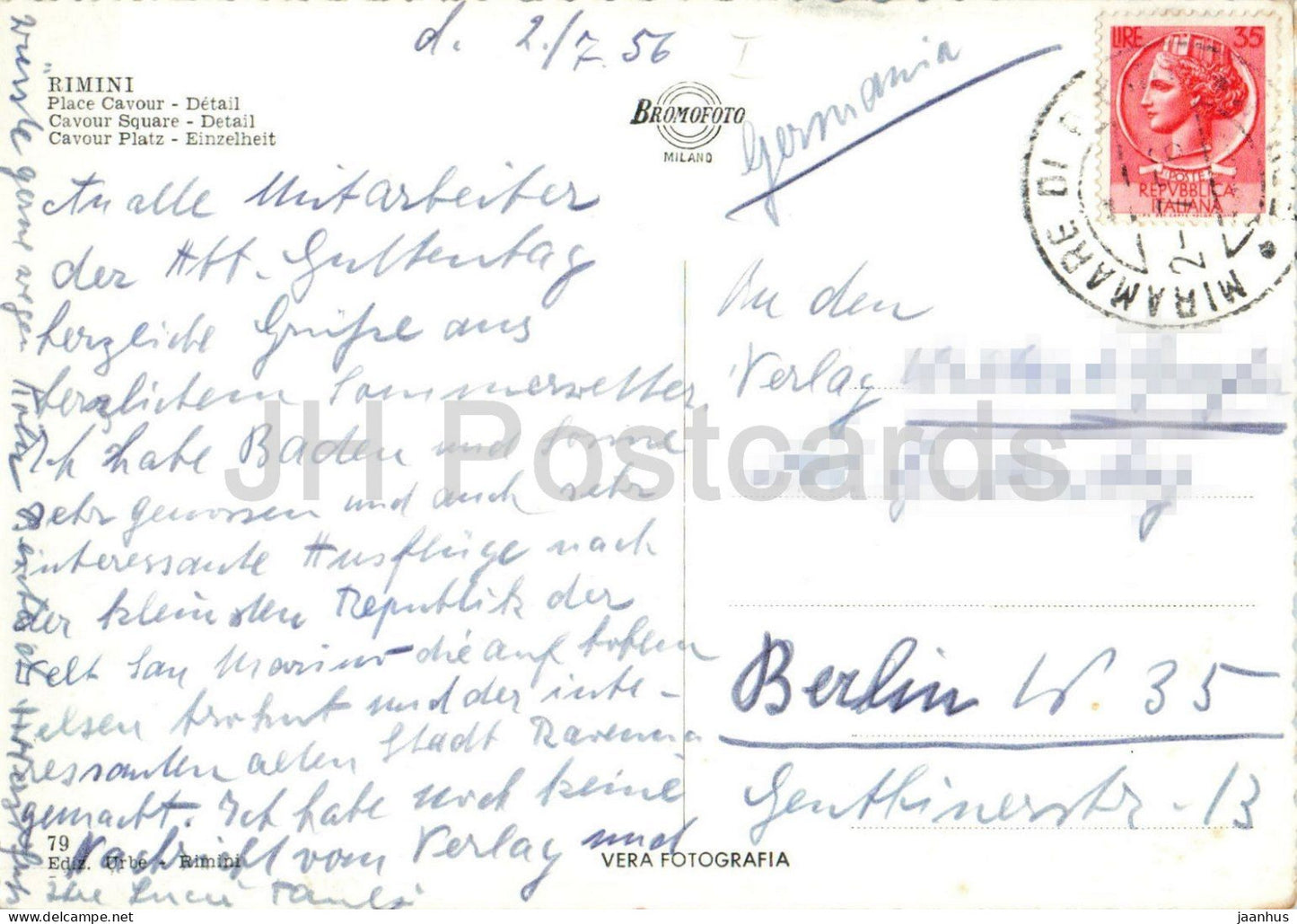 Rimini - Piazza Cavour particolare - Cavour Square detail - square - old car - 79 - old postcard - 1956 - Italy - used