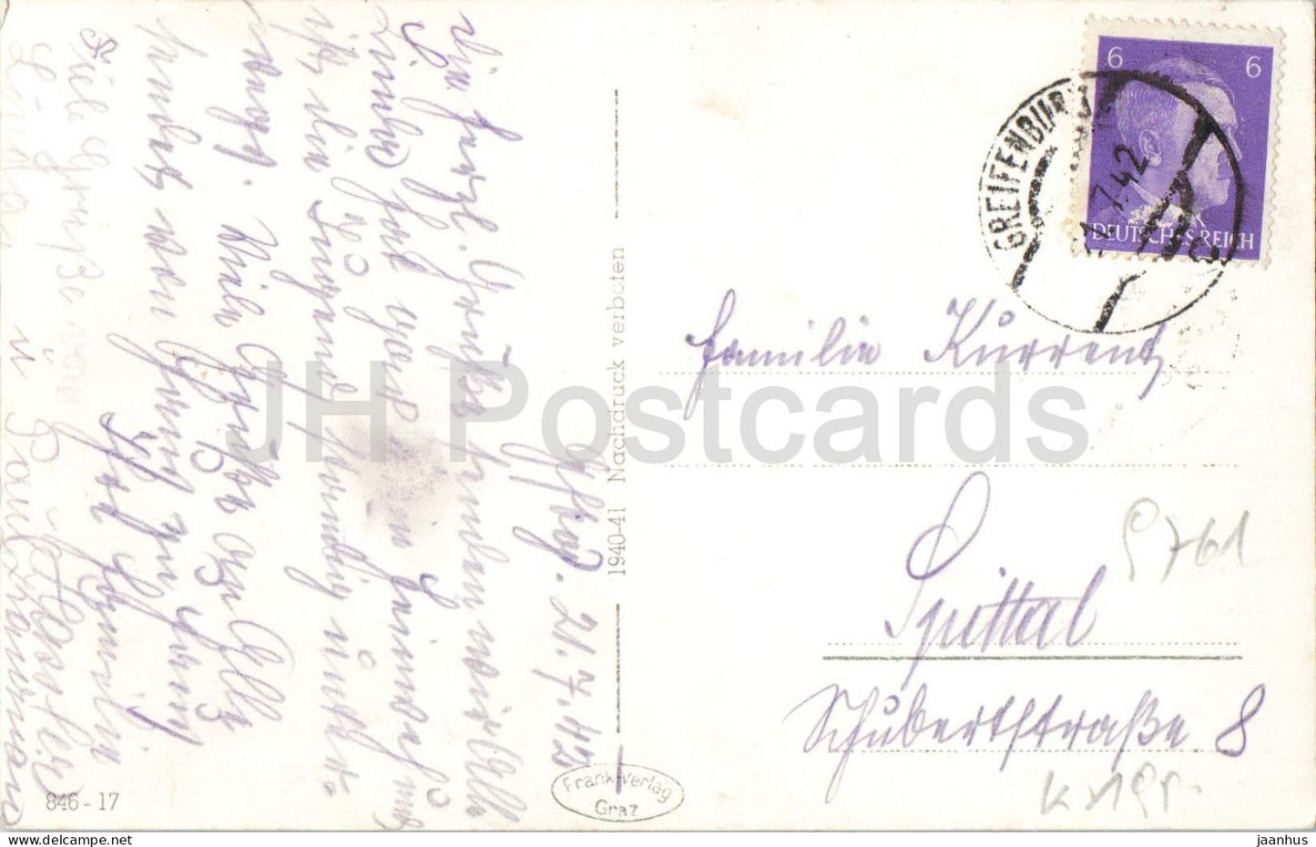 Sommerfrische Greifenburg - ville - vallée - montagnes - carte postale ancienne - 846-17 - 1942 - Autriche - utilisé