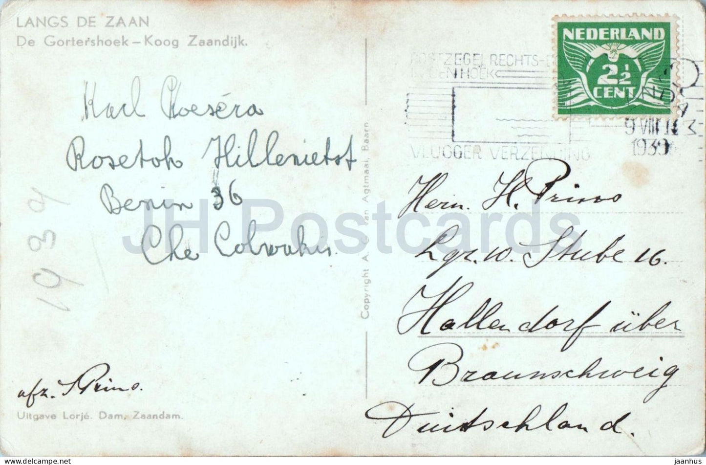 Langs de Zaan - De Gortershoek - Koog Zaandijk - ship - boat - old postcard - 1939 - Netherlands - used