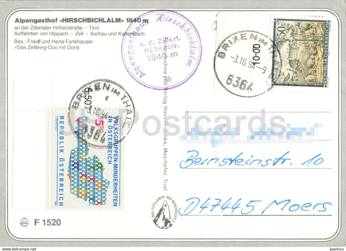 Alpengasthof Hirschbichlalm 1840 m - Zillertaler Höhenstraße - Berggasthof - Band - F1520 - 1994 - Österreich - gebraucht