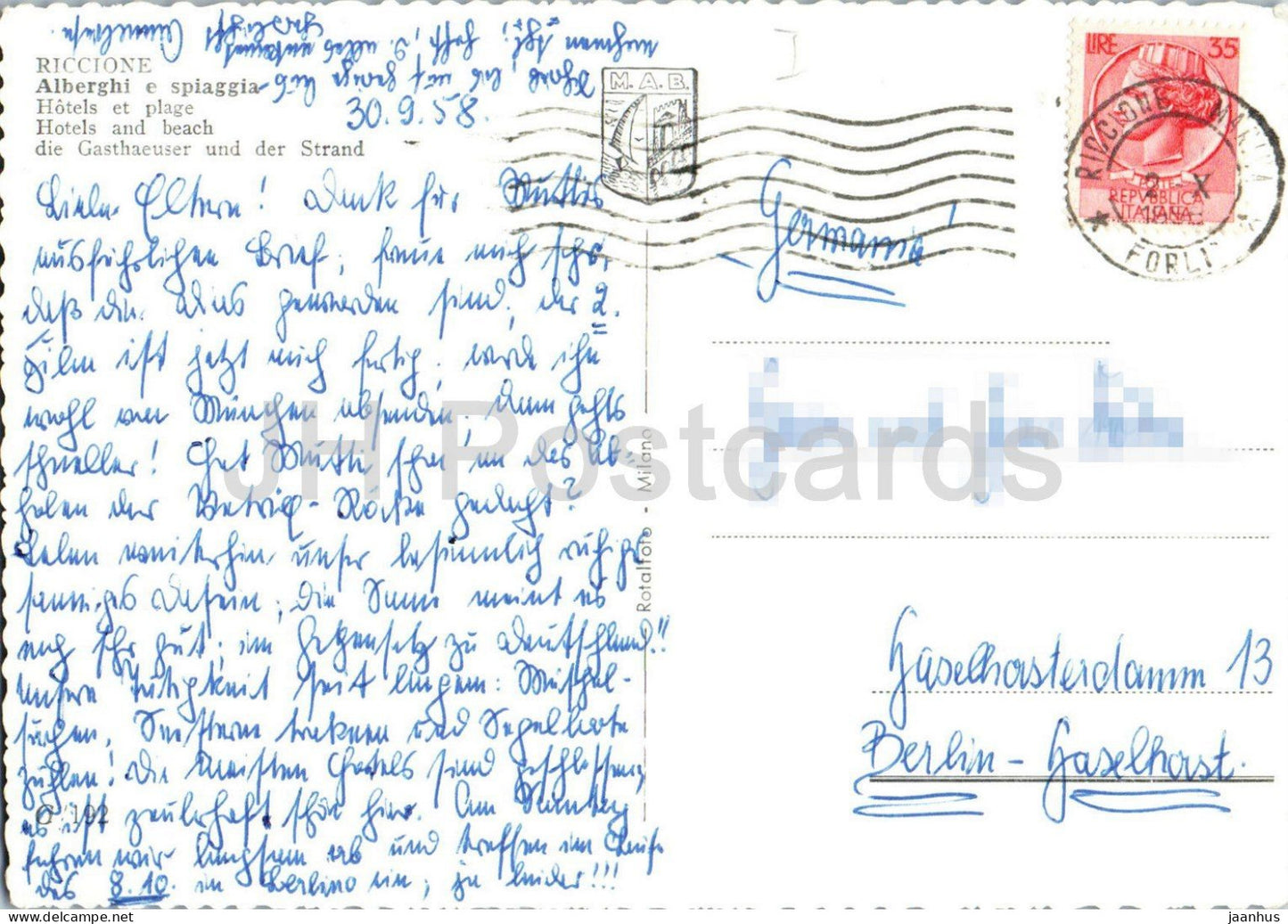 Riccione - Alberghi e spiaggia - Hotel and beach - Adriatic Coast - sailing boat - old postcard - 1958 - Italy - used