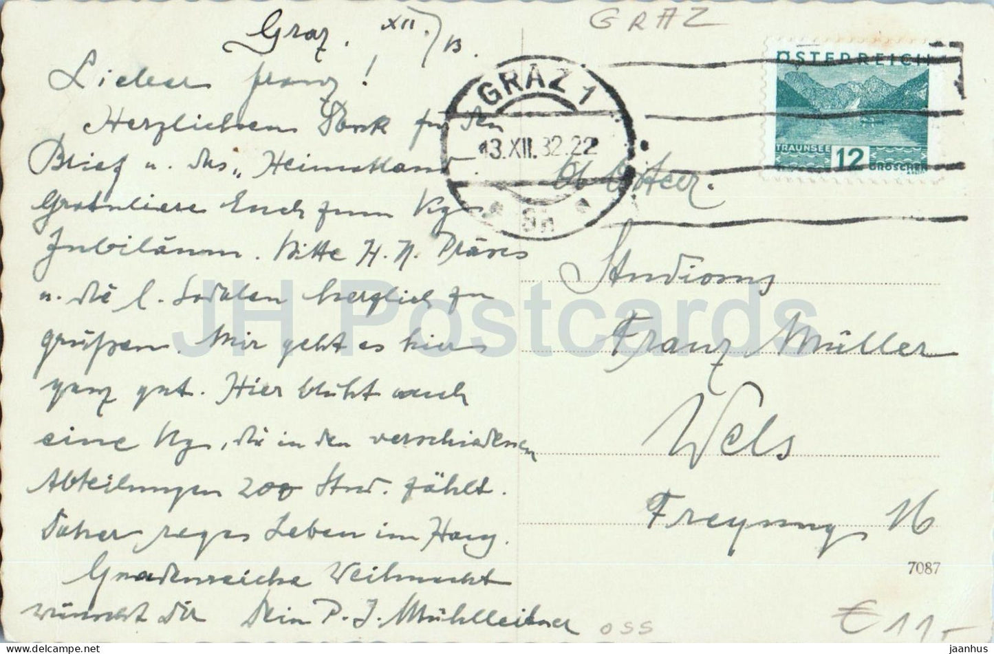 Graz - Hofgasse - Stiegenkirche - église - vue de la rue avec clocher - carte postale ancienne - 1932 - Autriche - utilisée