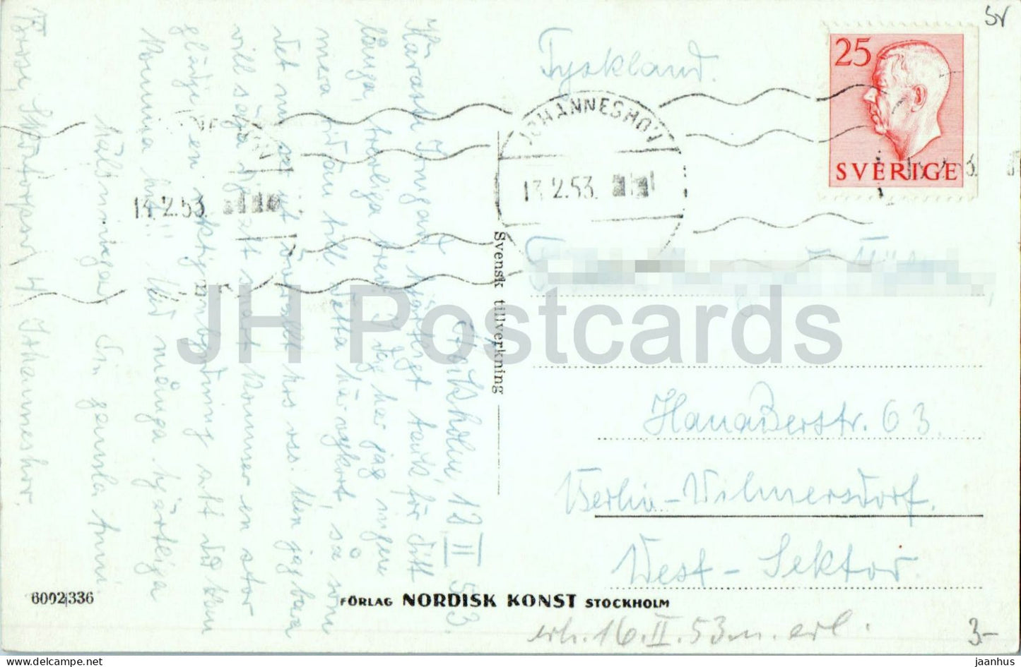 Stockholm - Utsikt von Söder mit dem Stadshuset im Hintergrund - Winteransicht Rathaus - alte Postkarte - 1953 - Schweden - gebraucht