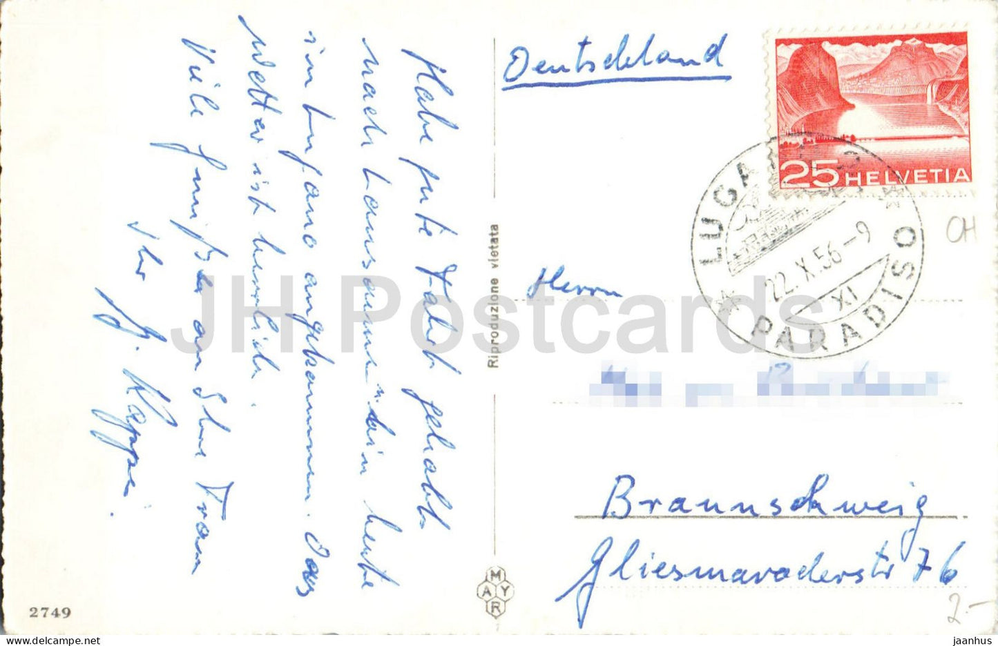 Lugano - lake - panorama - city views - mountains - Alps - multiview - 2749 - old postcard - 1956 - Switzerland - used