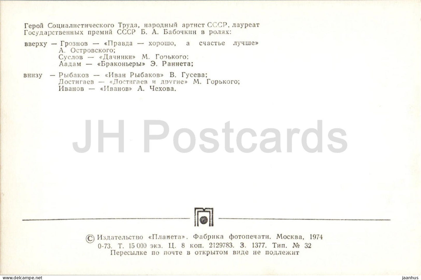 Boris Babochkin - Russian actor in stage roles - Maly Theatre - 1974 - Russia - USSR - unused