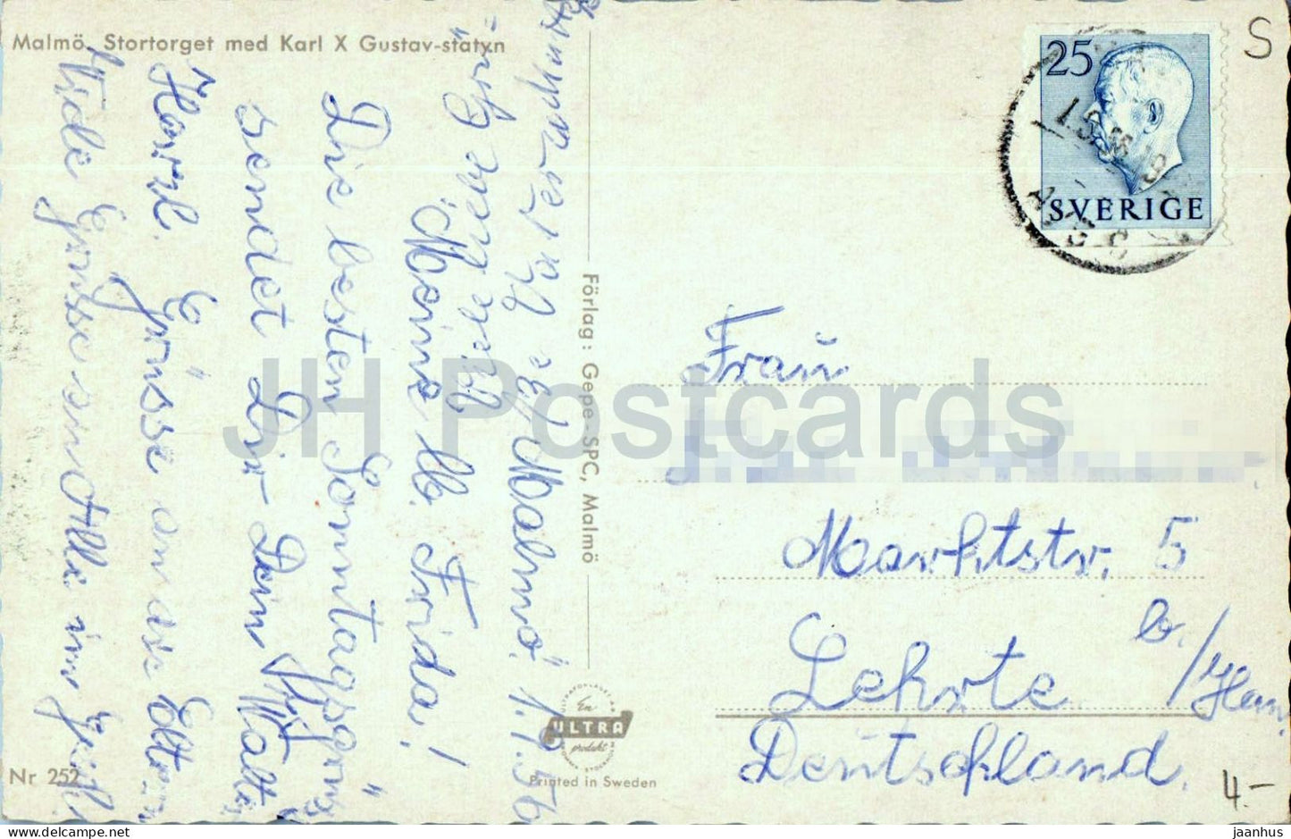 Malmo - Stortorget with Karl X Gustav statue - city square - old town - 252 - old postcard - 1956 - Sweden - used