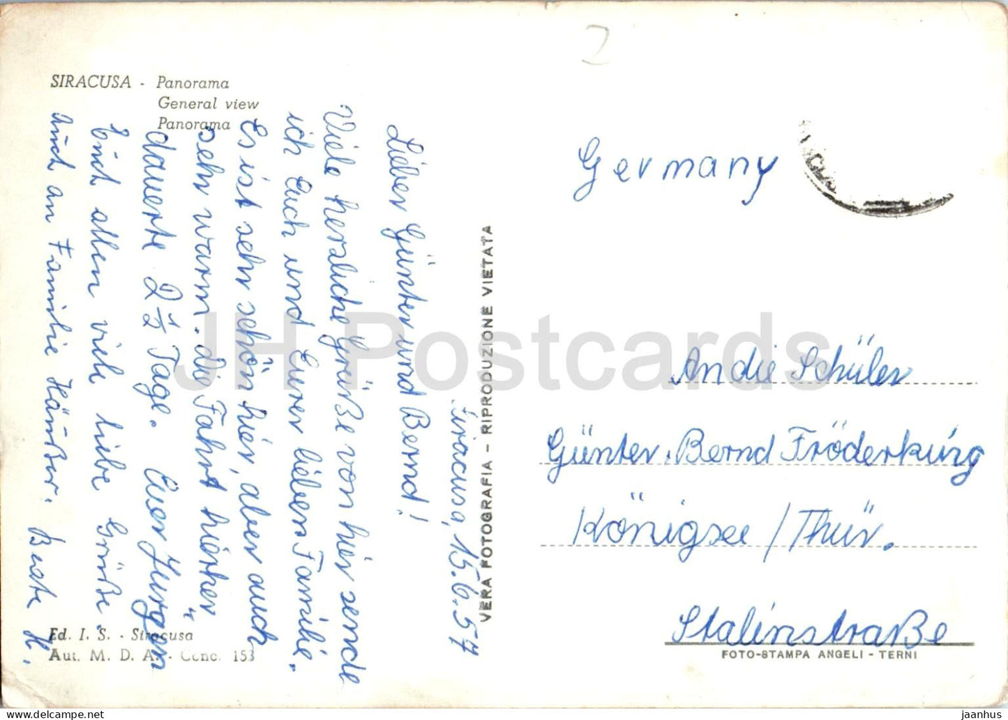 Siracusa - Syrakus - Panorama vom Flugzeug aus gesehen - Luftaufnahme - Küstenstadt - 146 - alte Postkarte - 1957 - Italien - gebraucht