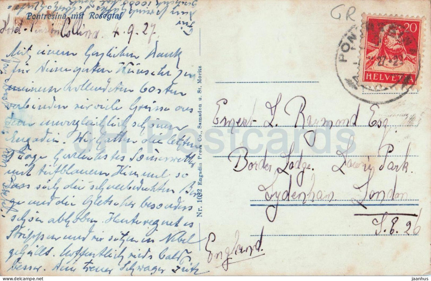 Pontresina mit Rosegtal - 1082 - old postcard - 1927 - Switzerland - used