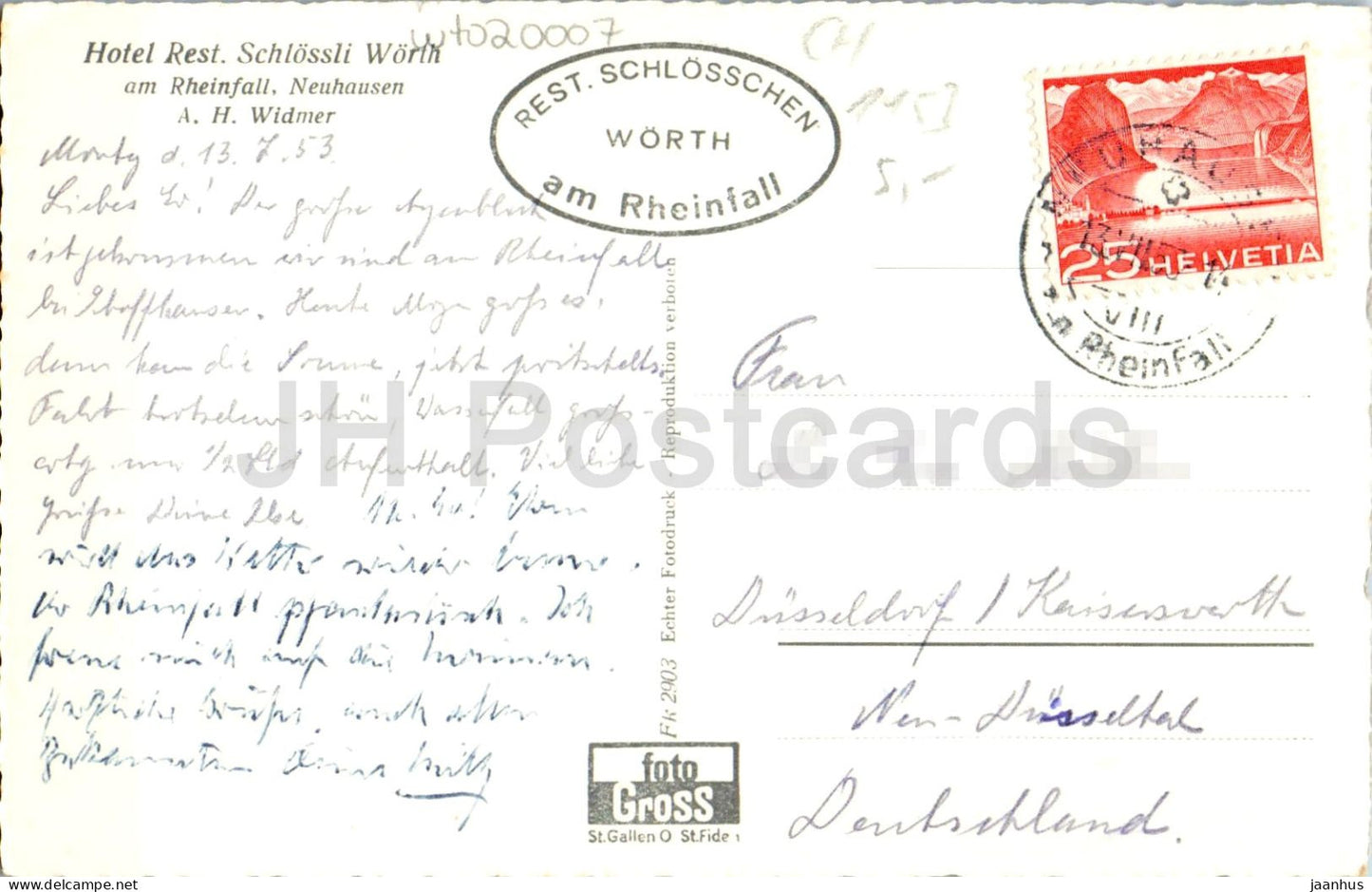Hotel Rest. Schlossli Worth am Rheinfall Neuhausen - aerial view waterfall - old postcard - 1953 - Switzerland - used