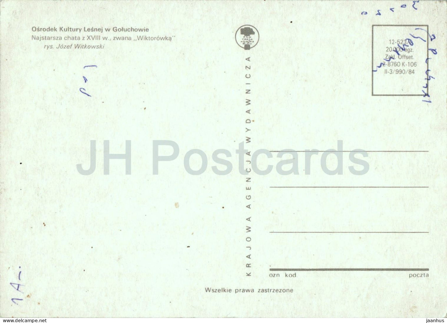 drawing by Jozef Witkowski - Wiktorowka cottage in Goluchow - Polish art - 1984 - Poland - unused
