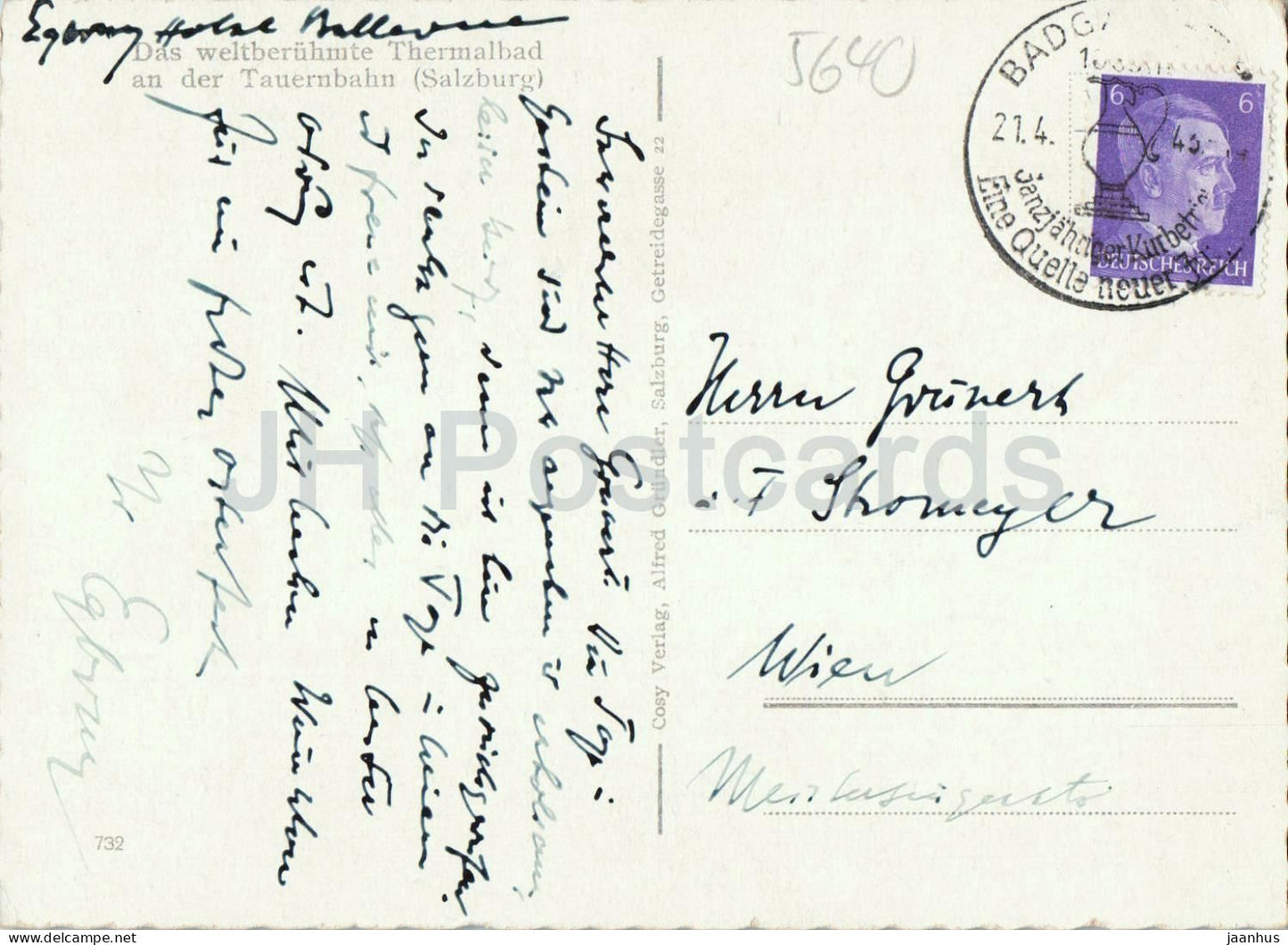 Weltkurort Badgastein 1083 m Radhausberg - Station thermale mondiale - 732 - carte postale ancienne - 1943 - Autriche - utilisé