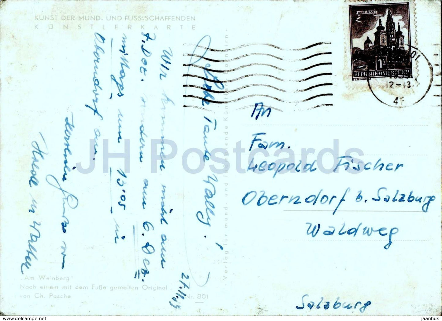 watercolor by Ch. Pasche - Am Weinberg - At the Vineyard - Austrian art - 801 - old postcard - 1950s - Austria - used