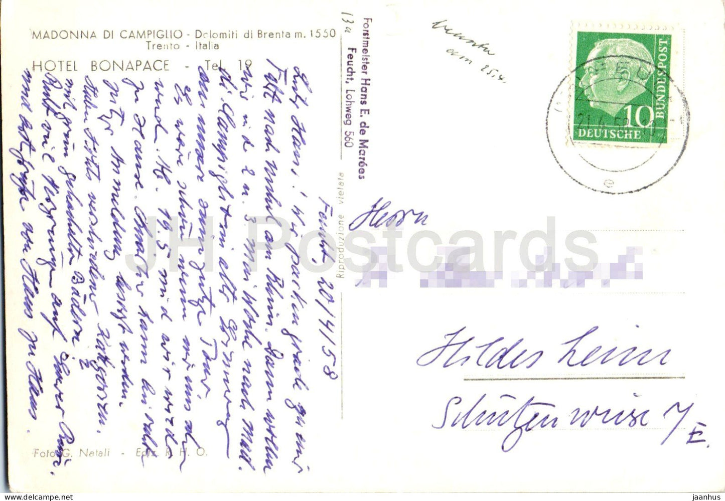 Madonna di Campiglio - Dolomiti di Brenta m. 1550 - Hôtel Bonapace - Trente - ancienne carte postale - 1958 - Italie - oblitérée