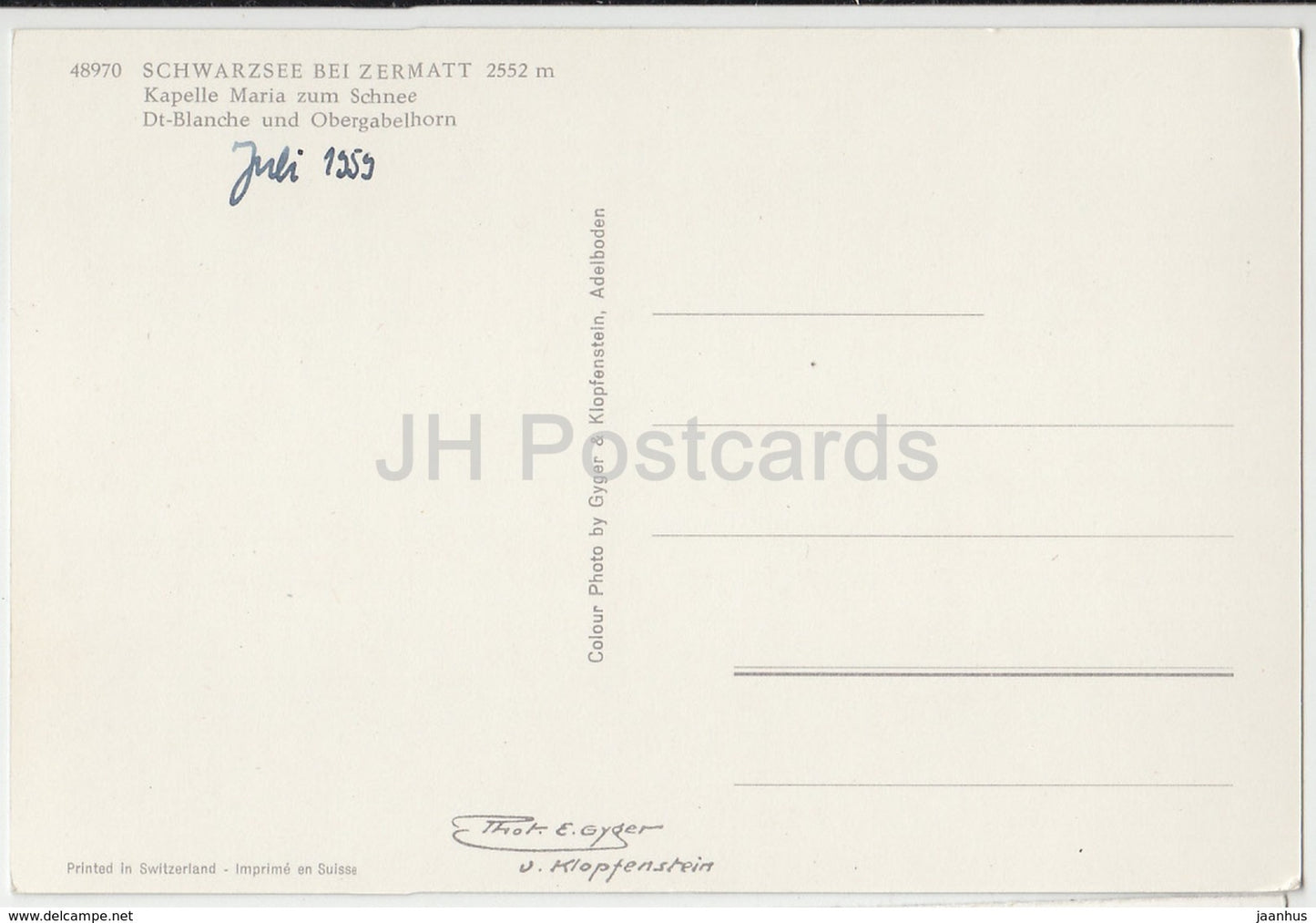 Schwarzsee bei Zermatt - Kapelle Maria zum Schnee - Dt-Blanche und Obergabelhorn - 48970 - Suisse - 1959 - utilisé