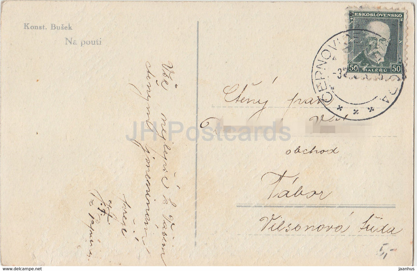 painting by Konst Busek - Na Pouti - folk costumes - old postcard - Czech art - Czech Republic - used