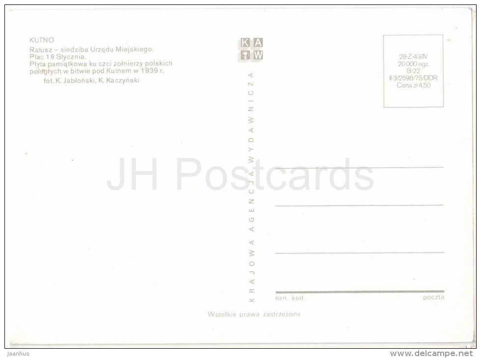 Town Hall - square - Kutno - Poland - unused - JH Postcards