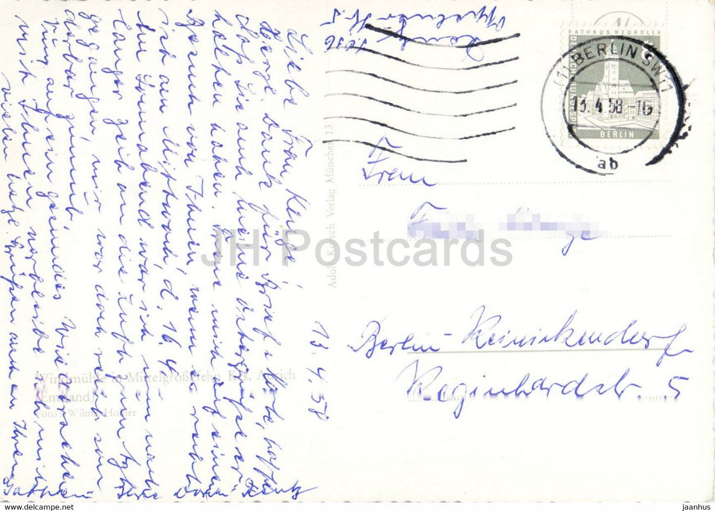 Windmuhle in Mittelgrossefehn - Kr Aurich - moulin à vent - carte postale ancienne - 1958 - Allemagne - utilisé
