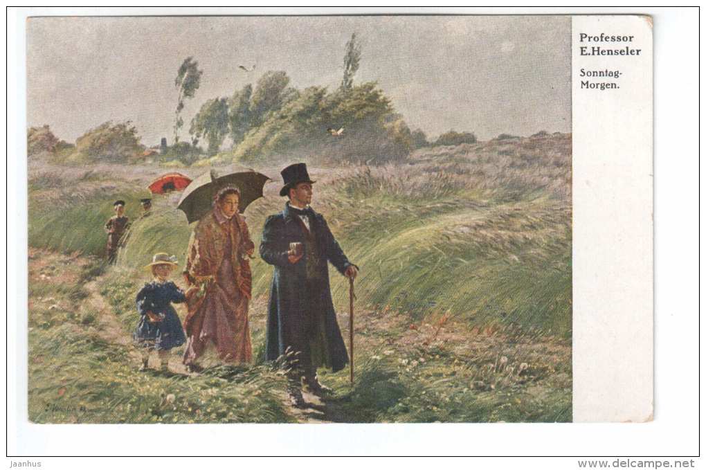 painting by E. Henseler - Sonntagmorgen - umbrella - 435 - SVD - old postcard - Germany - unused - JH Postcards