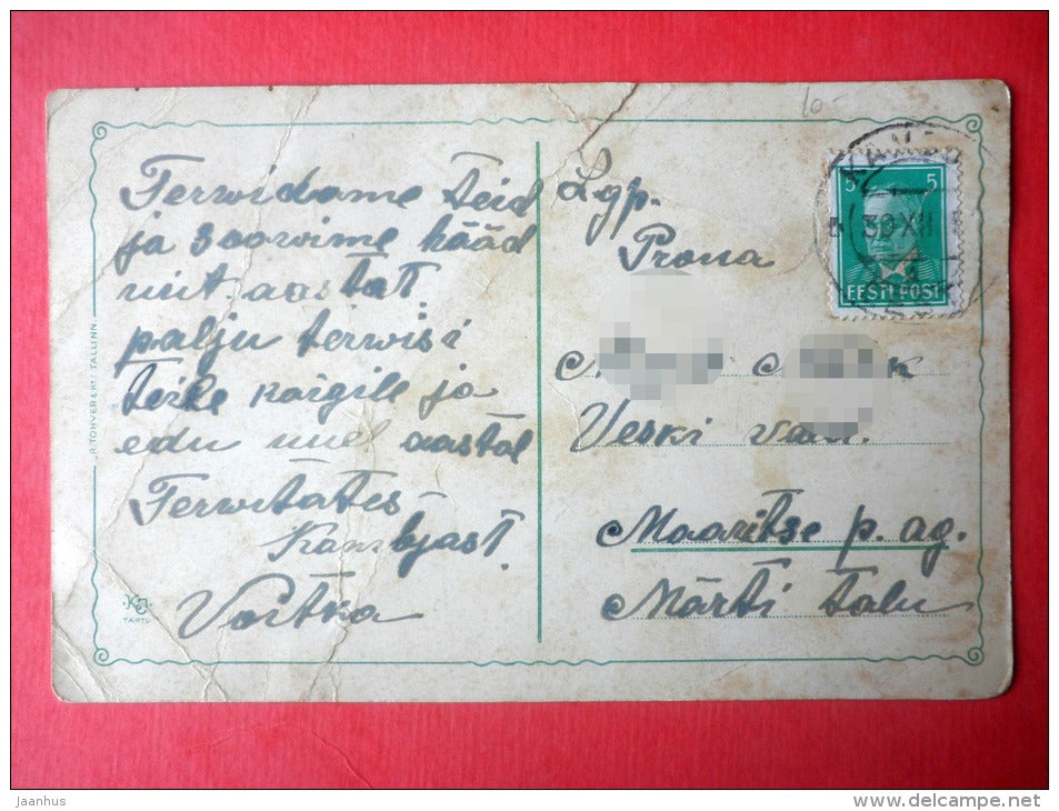 new year greeting card - illustration by Vlad. Nerer - winter road - village - circulated in Estonia 1930s - JH Postcards