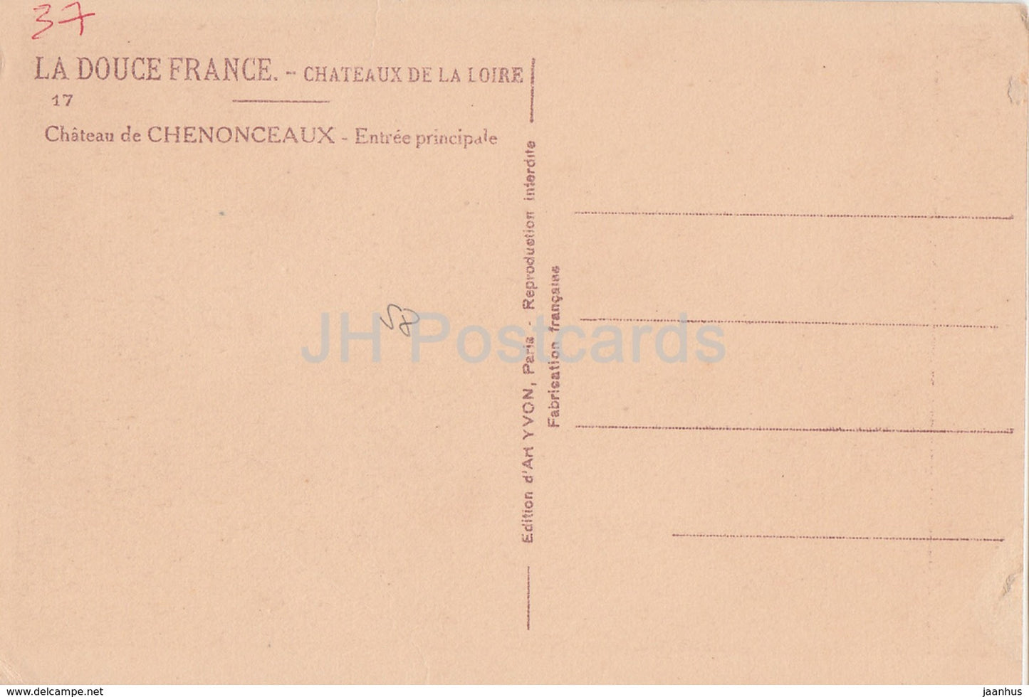 Chateau de Chenonceaux - Entree Principale - La Couce Frankreich - Schloss - alte Postkarte - Frankreich - unbenutzt