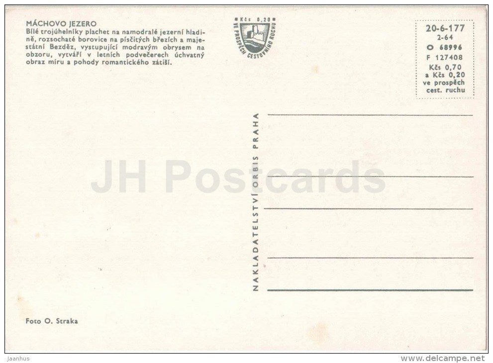 Machovo Jezero - lake - sailing boat - Czechoslovakia - Czech - unused - JH Postcards