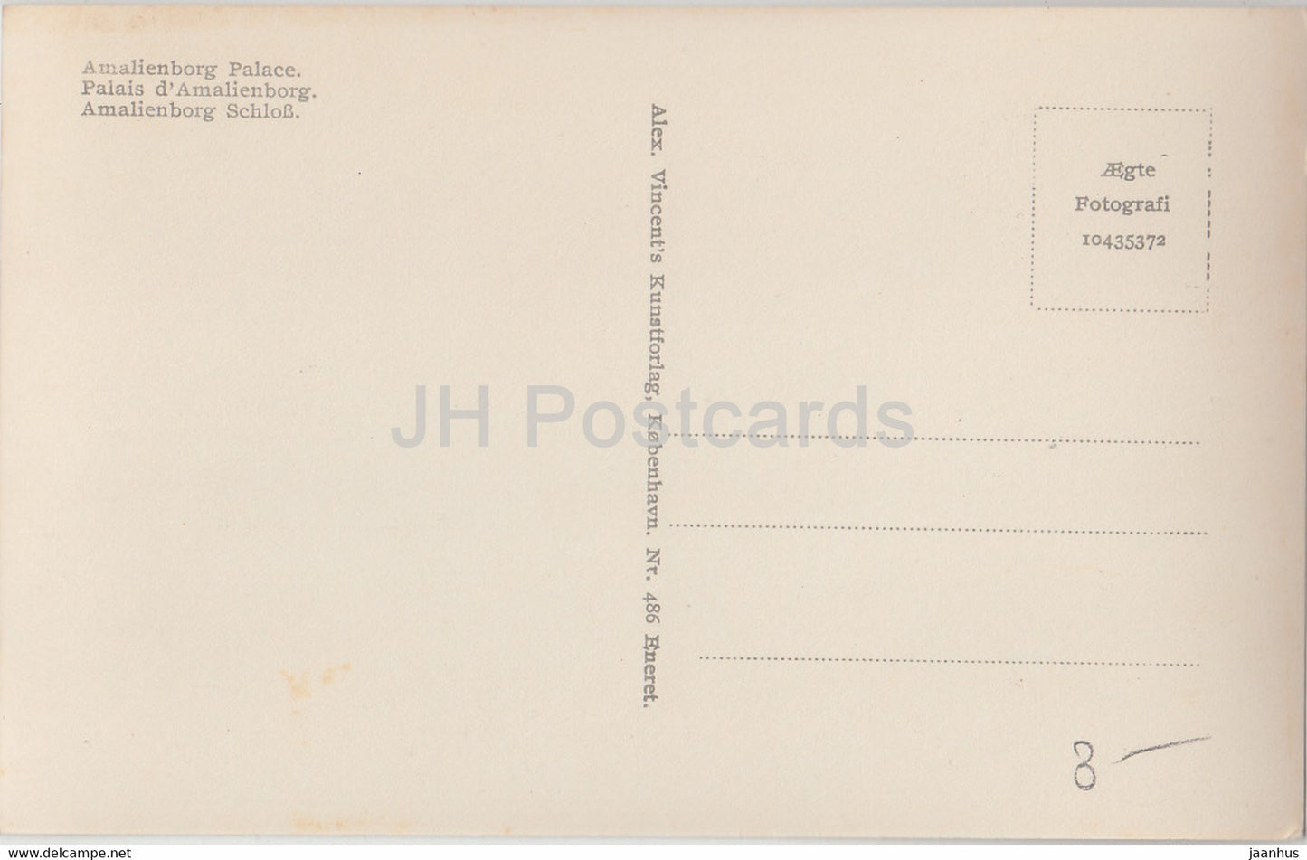 Copenhagen - Kobenhavn - Amalienborg Slot - Palace - 486 - old postcard - Denmark - unused