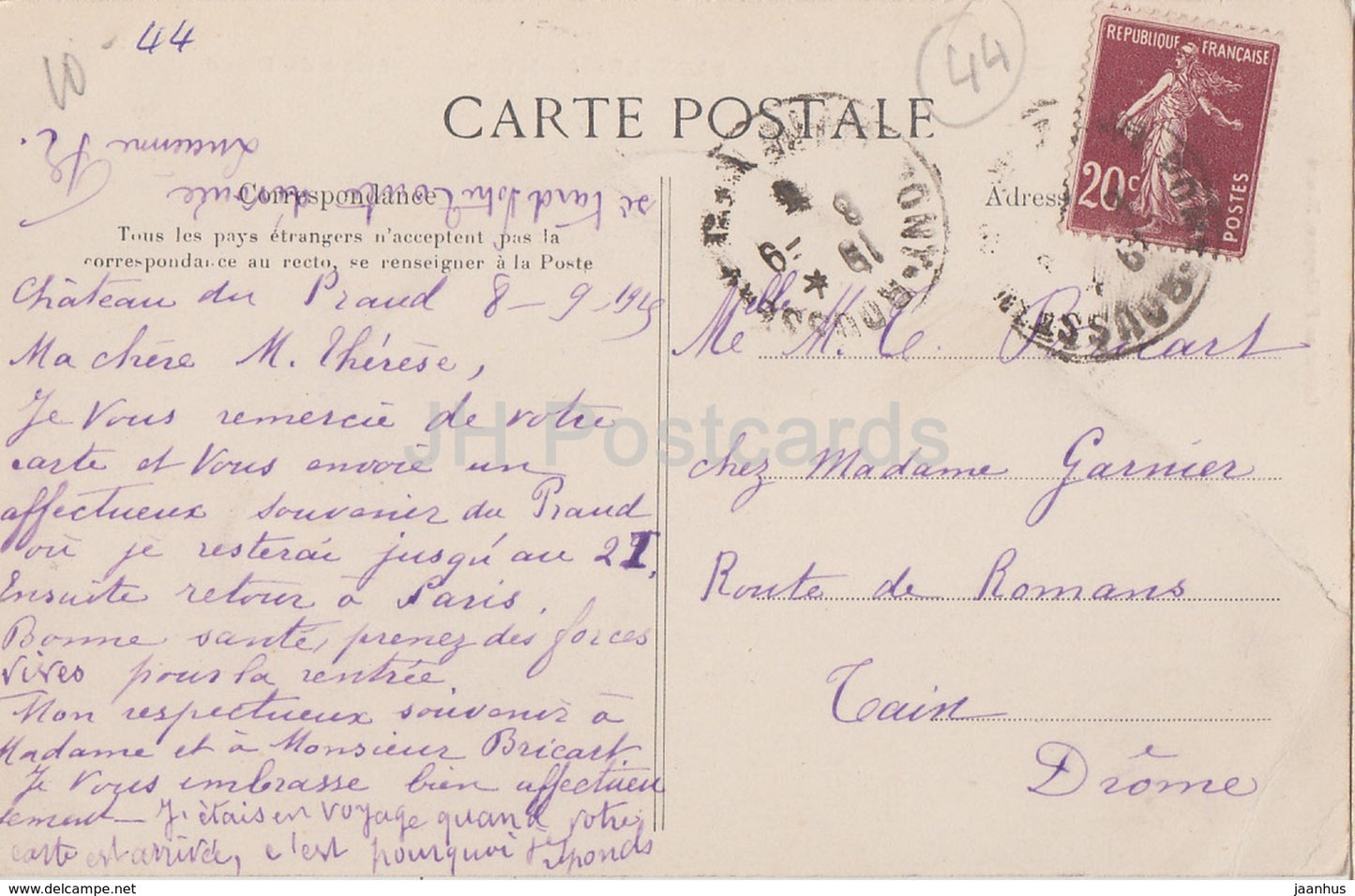 Reze Les Nantes - Chateau du Praud - castle - 505 - old postcard - 1919 - France - used