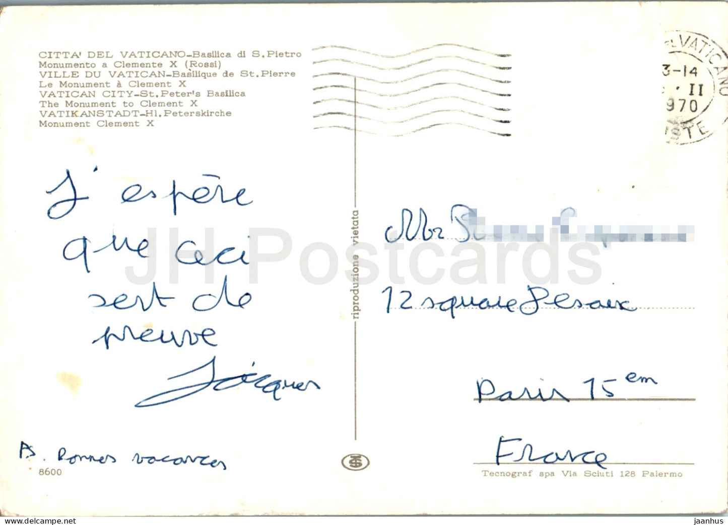 Vatican - Vaticano - Basilique Saint-Pierre - Monumento a Clemente - Basilique Saint-Pierre - 8600 - 1970 - Vatican - utilisé
