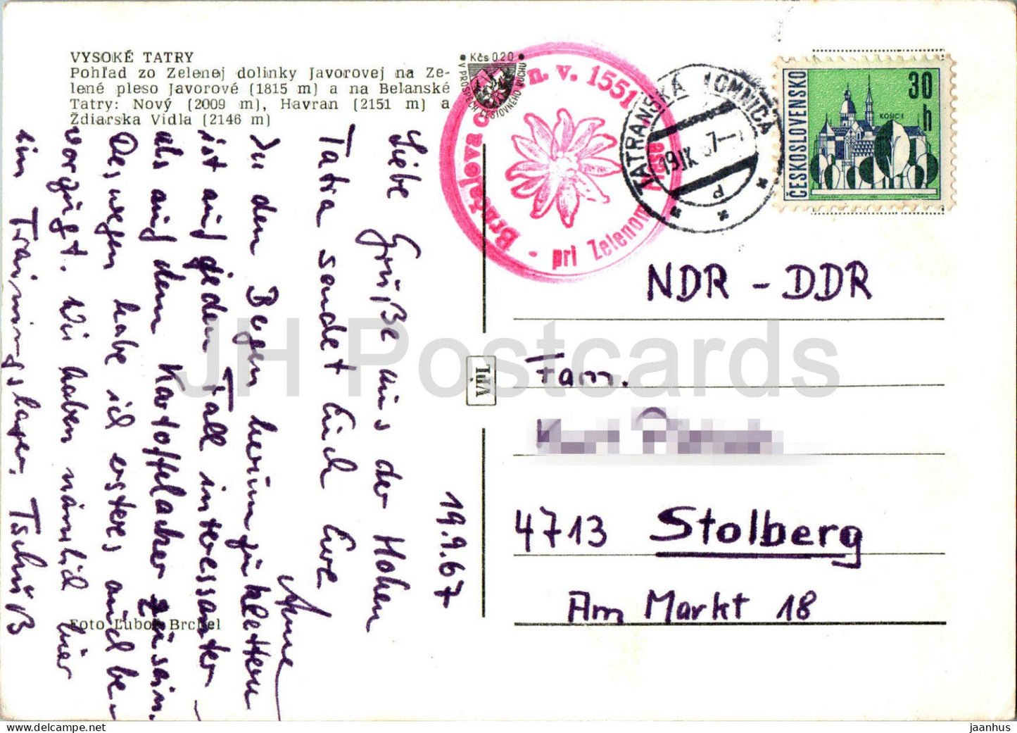 Vysoke Tatra - Javorove - Belanske Tatry - Novy - Berg - Hohe Tatra - 1967 - Slowakei - Tschechoslowakei - gebraucht