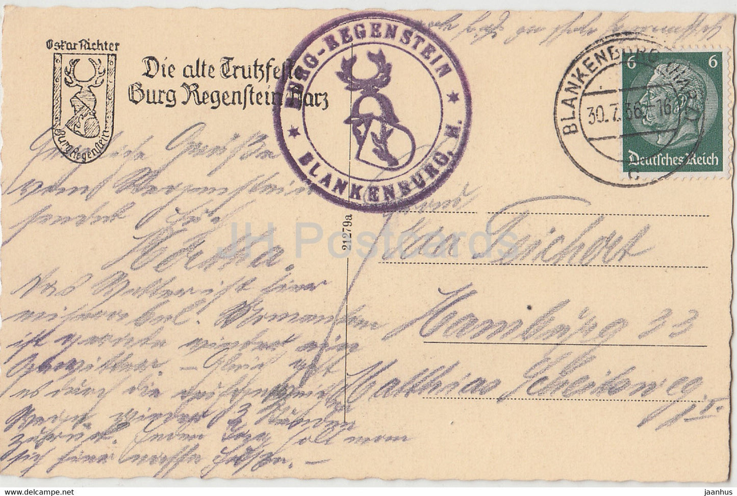 Blankenburg a Harz - Burgruine Regenstein - 21279a - carte postale ancienne - 1936 - Allemagne - utilisé
