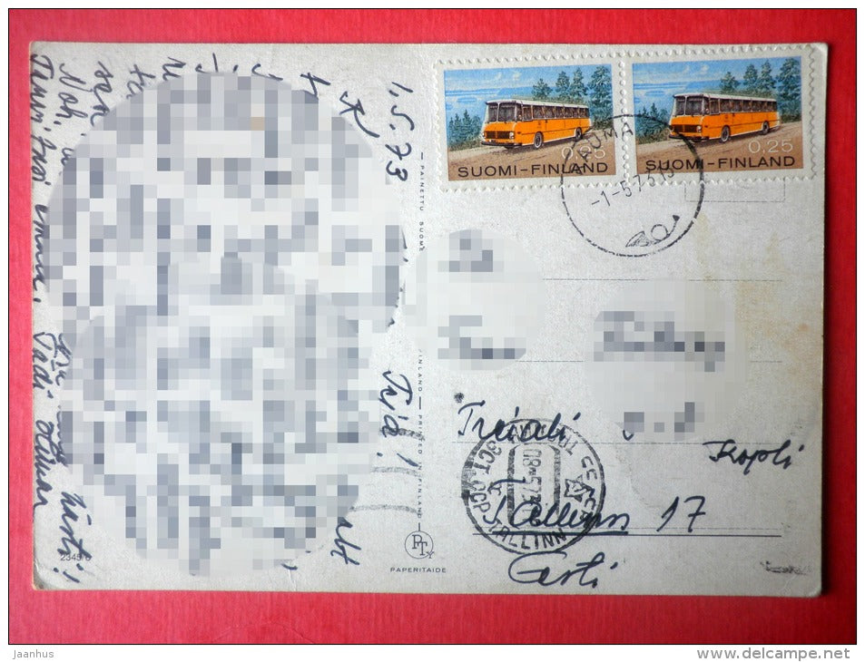 illustration by Will Berg - pig - hare - airplane - bus - 2435 - Finland - sent from Finland Rauma to Estonia USSR 1973 - JH Postcards