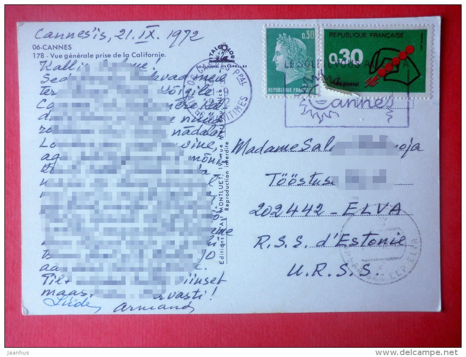 Vue gnerale prise de la Californie - Cannes - France - sent from France to Estonia USSR 1972 - JH Postcards