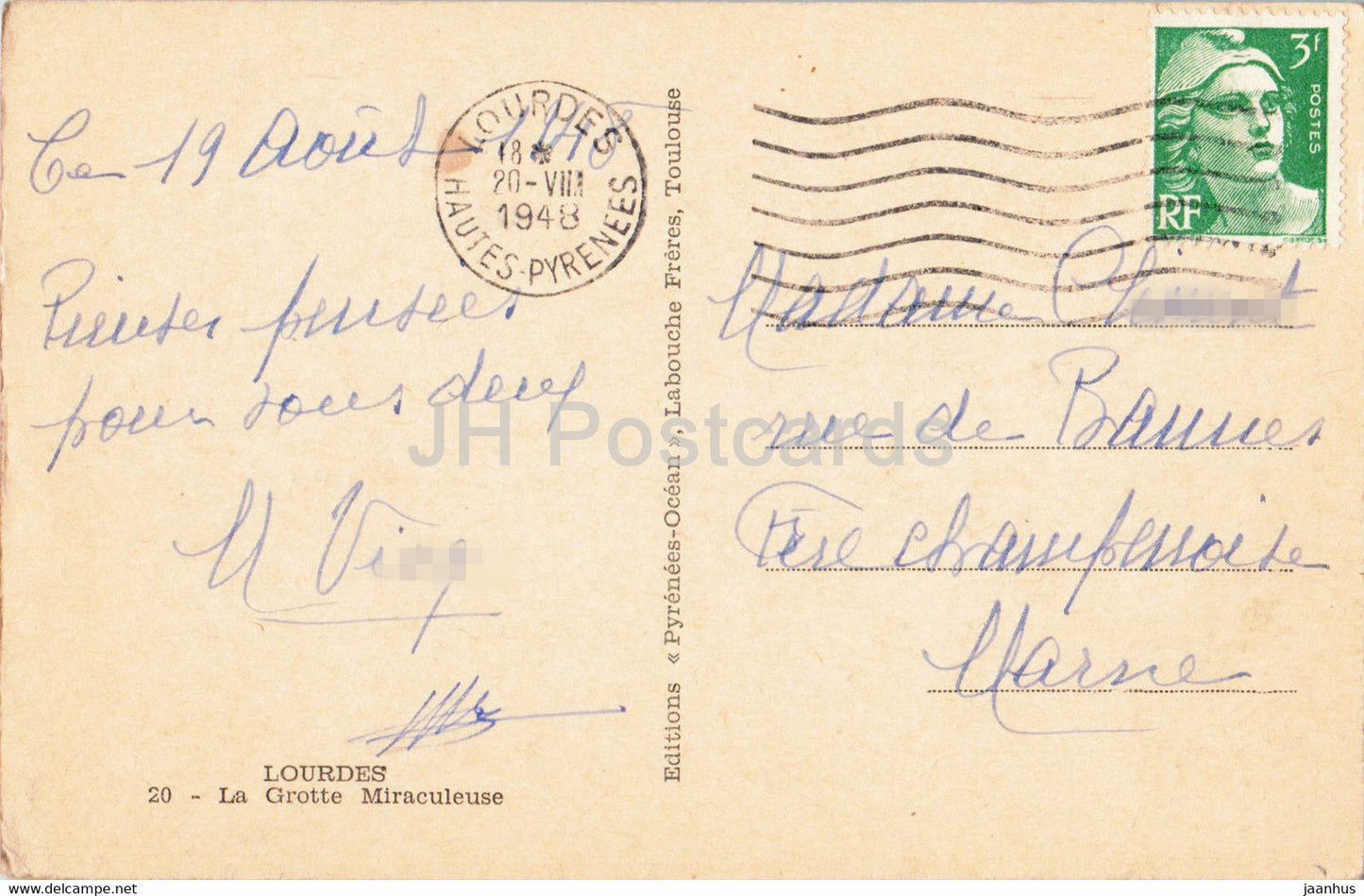Lourdes - La Grotte Miraculeuse - 20 - old postcard - 1948 - France - used