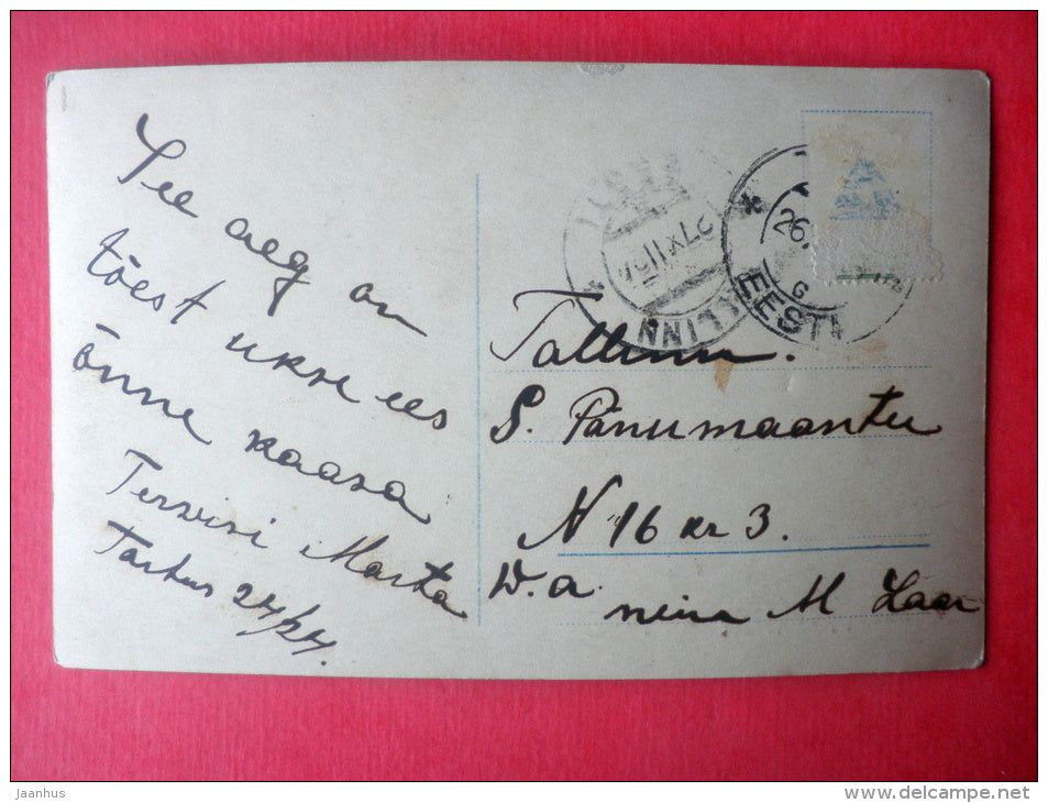 christmas greeting card - couple - man and woman - christmas tree - 4604-6 - circulated in Estonia Tallinn 1924 - JH Postcards