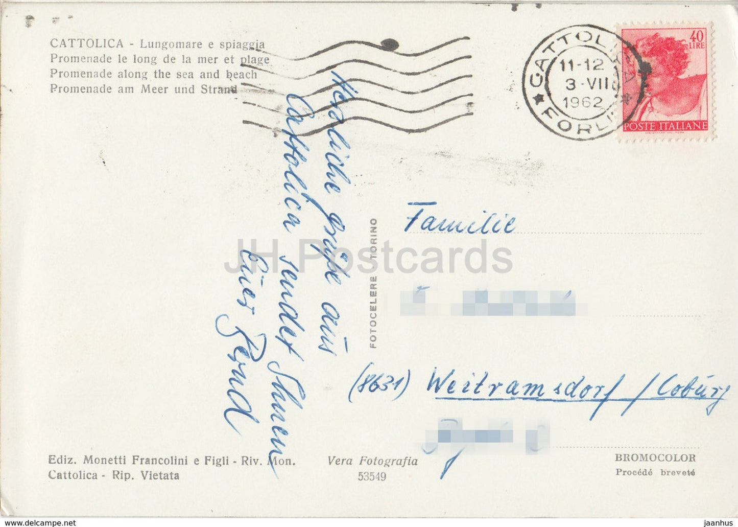 Cattolica - Lungomare e Spiaggia - Promenade along the sea and beach - Italy - 1962 - used